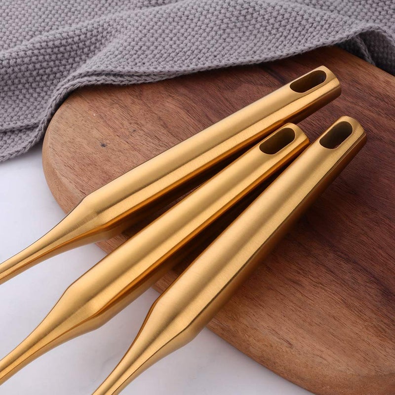 mingcheng 7 Pcs Round Handle Cooking Utensil Set, 304 Stainless Steel Gold Titanium Plated Cookware Sets with Public Fork/Spoon, Potato Mashers, Slotted Spatula, Soup Ladle, Pasta Server, Kitchen Tool Gadget - Image 4